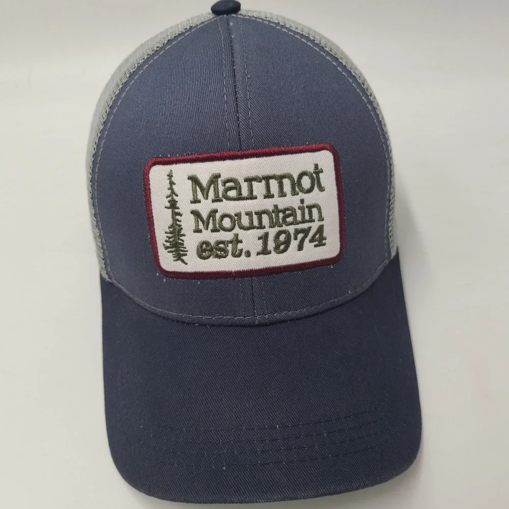 Marmot Moutain Hat Snapback Trucker Mesh Blue Gray Est 1974 Patch Hiking Men